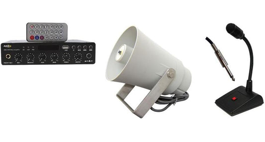120W CCTV Sound System USB/BT 100V, with Paging Mic & 4x Horn Speakers - 09-0004-000