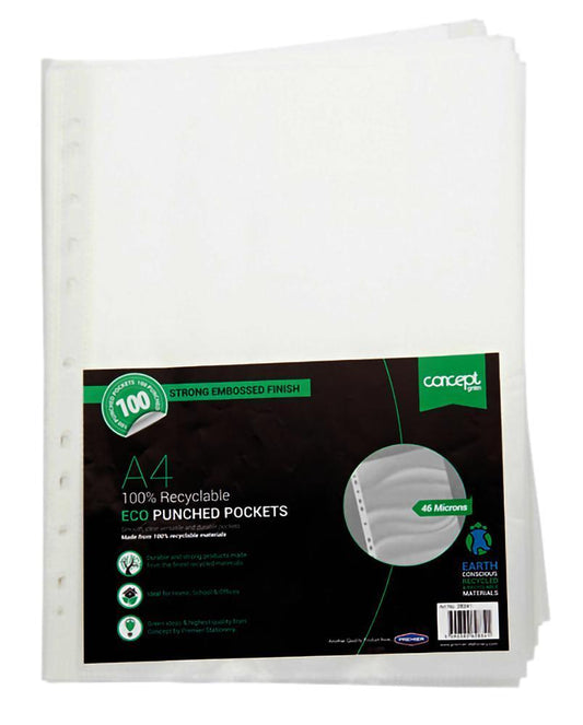 100% Recyclable A4 Punched Plastic Wallets, 100 Pack - W2128341