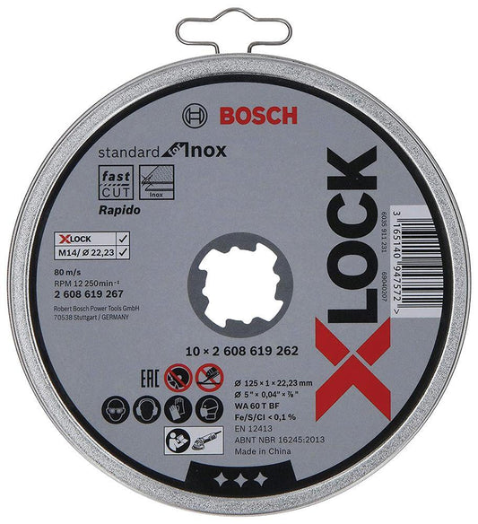 5" (125mm x 1mm x 22.23mm) Angle Grinder X-LOCK Inox Cutting Discs, 10 Pack - 2608619267