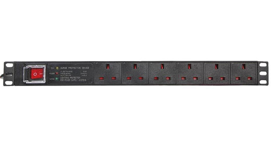 6 Way UK PDU with 16A Plug and Surge Protection, 19" 1U - PDS6-SRG-16A