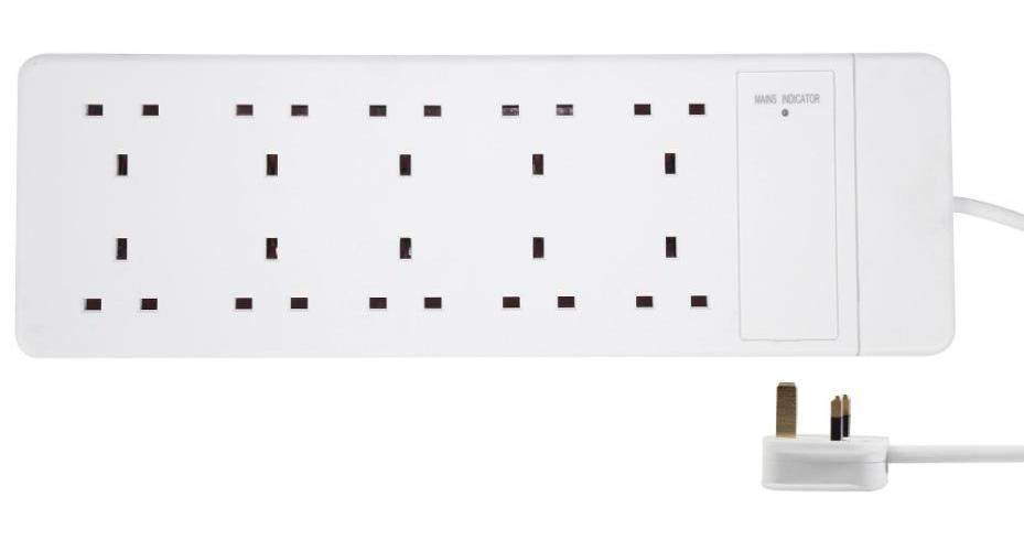 Mains Extension Lead, 10 Gang, 10m, White - PELB2006