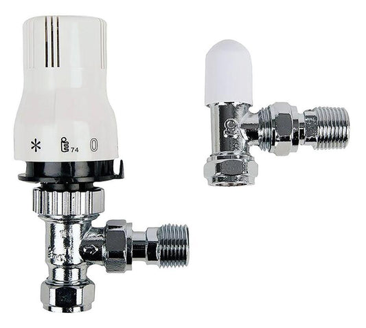 15mm Pro Classic Angled Thermostatic Radiator Valve & Lockshield Set, Chrome Plated - 10041930