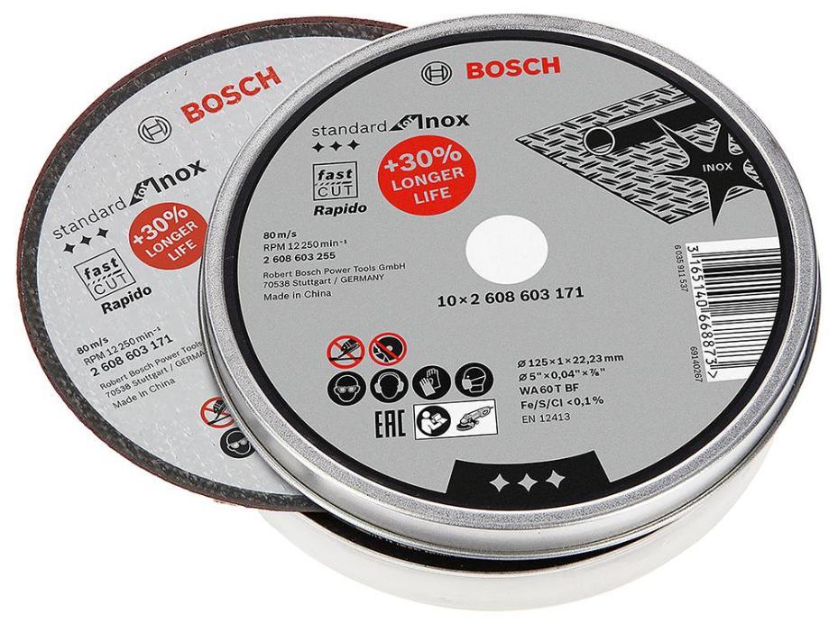 5" (125mm x 1mm x 22.23mm) Angle Grinder Inox Rapido Cutting Discs, 10 Pack - 2608603255