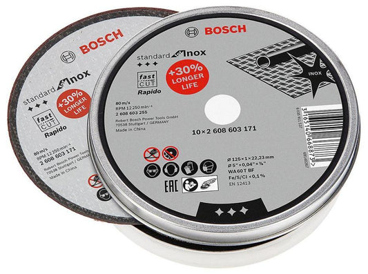 5" (125mm x 1mm x 22.23mm) Angle Grinder Inox Rapido Cutting Discs, 10 Pack - 2608603255