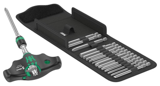 Kraftform Kompakt 1/4" Hex T-Handle Bit Holder Screwdriver with Ratchet Function, 17 Piece Set - 05023471001