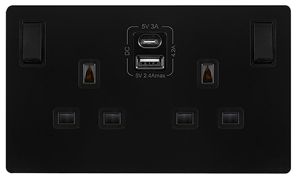 Switched Sockets with USB A & USB C Sockets, 2 Gang, Double Pole, 13A, Black - SFBK786BK