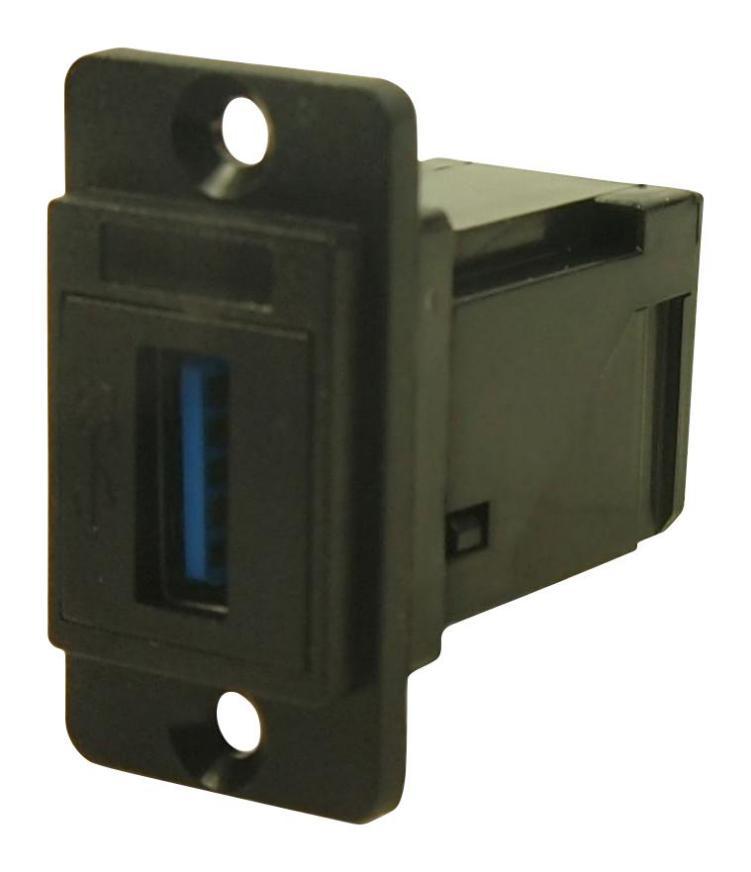 Dual Slim USB 3.0 Type A Socket to USB 3.0 Type A Right Angle Socket Feedthrough Connector, Black Plastic Frame, CSK Holes - CP30755