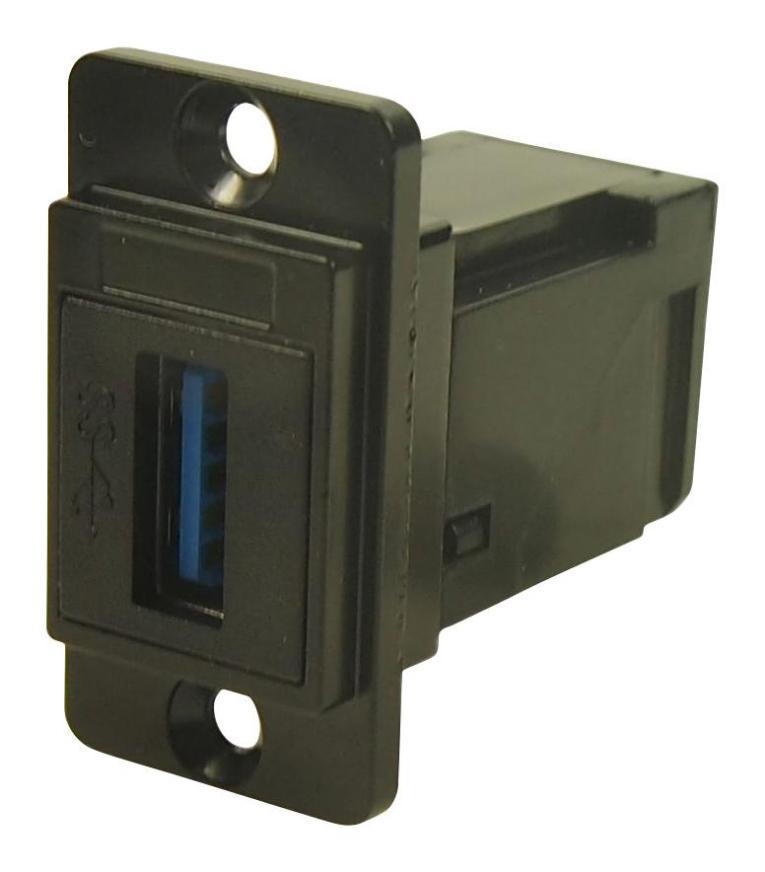 Dual Slim USB 3.0 Type A Socket to USB 3.0 Type A Right Angle Socket Feedthrough Connector, Black, Metal Frame, CSK Holes - CP30755MB