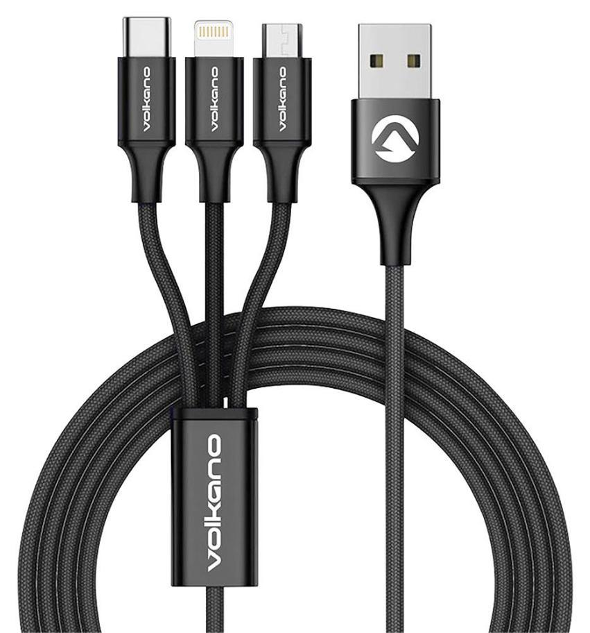 Trio 3-in-1 USB to Lightning/USB-C/Micro USB Braided Charging Lead, 1m - VOLK-VK-20039/BLK