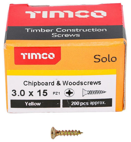 3mm x 15mm Pozidriv Double Countersunk ZYP Solo Chipboard & Wood Screws, 200 Pack - 30015SOLOC
