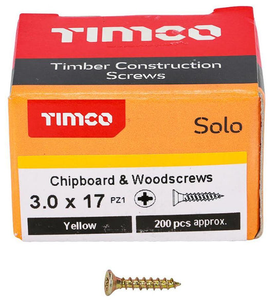 3mm x 17mm Pozidriv Double Countersunk ZYP Solo Chipboard & Wood Screws, 200 Pack - 30017SOLOC