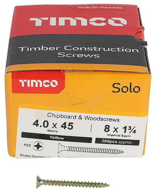 4mm x 45mm Pozidriv Double Countersunk ZYP Solo Chipboard & Wood Screws, 200 Pack - 40045SOLOC