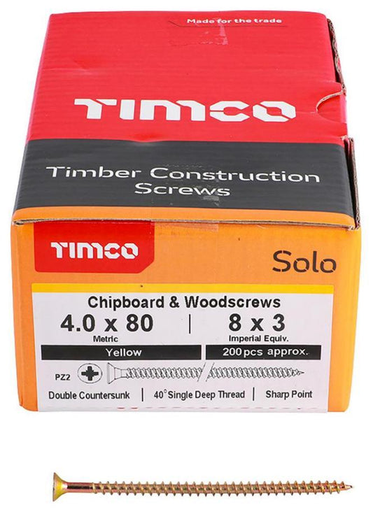 4mm x 80mm Pozidriv Double Countersunk ZYP Chipboard & Wood Screws, 200 Pack - 40080SOLOC