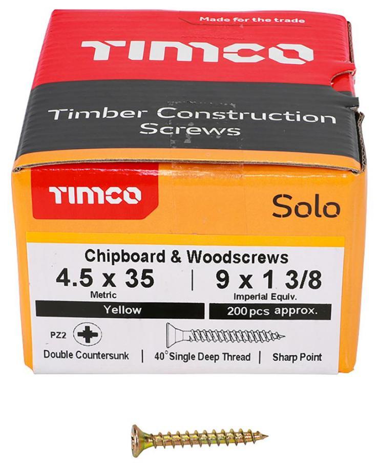 4.5mm x 35mm Pozidriv Double Countersunk ZYP Solo Chipboard & Wood Screws, 200 Pack - 45035SOLOC