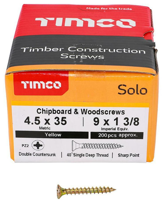 4.5mm x 35mm Pozidriv Double Countersunk ZYP Solo Chipboard & Wood Screws, 200 Pack - 45035SOLOC