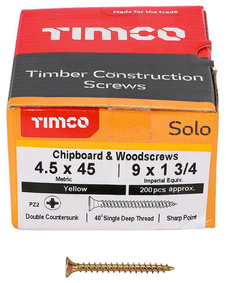 4.5mm x 45mm Pozidriv Double Countersunk ZYP Solo Chipboard & Wood Screws, 200 Pack - 45045SOLOC