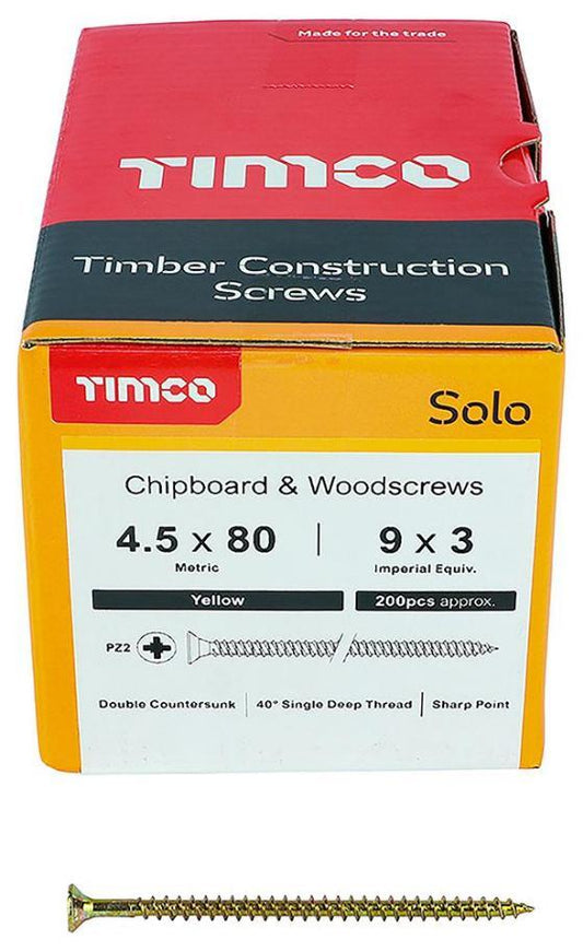 4.5mm x 80mm Pozidriv Double Countersunk ZYP Solo Chipboard & Wood Screws, 200 Pack - 45080SOLOC