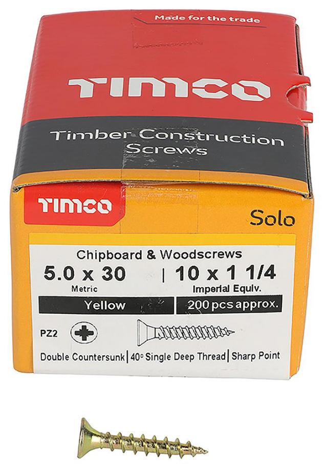 5mm x 30mm Pozidriv Double Countersunk ZYP Solo Chipboard & Wood Screws, 200 Pack - 50030SOLOC