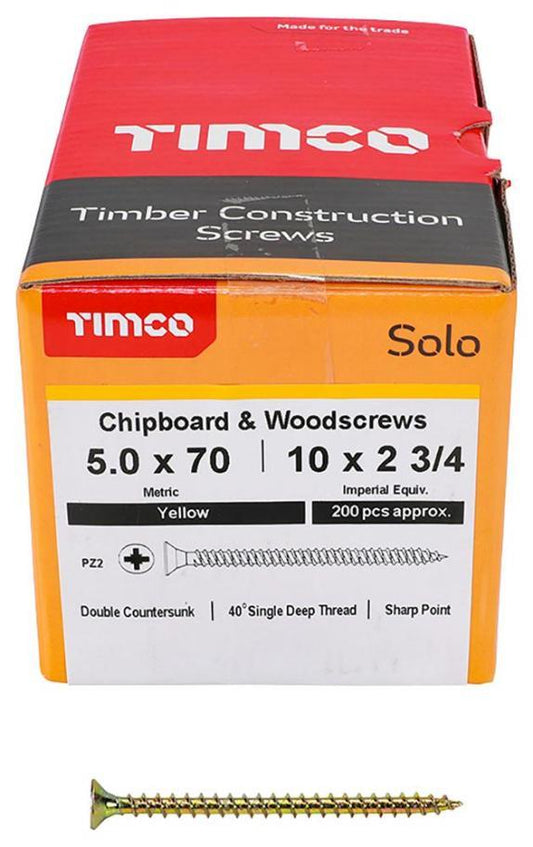 5mm x 70mm Pozidriv Double Countersunk ZYP Solo Chipboard & Wood Screws, 200 Pack - 50070SOLOC
