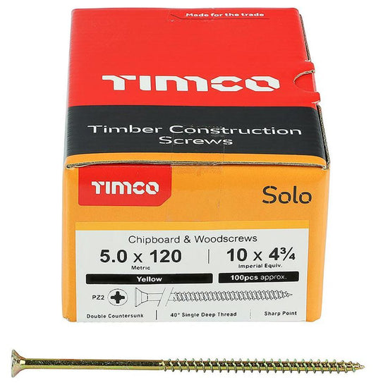 5mm x 120mm Pozidriv Double Countersunk ZYP Solo Chipboard & Wood Screws, 100 Pack - 50120SOLOC
