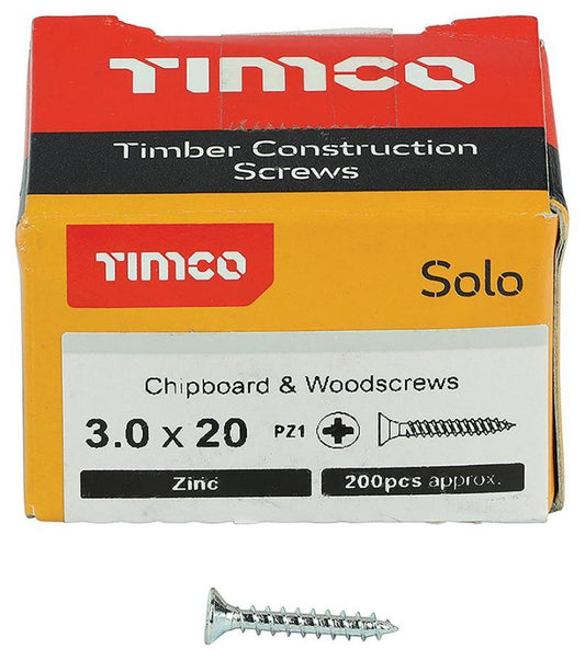 3mm x 20mm Pozidriv Double Countersunk ZP Solo Chipboard & Wood Screws, 200 Pack - 30020SOLOZ