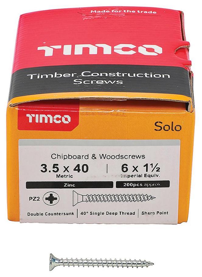 3.5mm x 40mm Pozidriv Double Countersunk ZP Solo Chipboard & Wood Screws, 200 Pack - 35040SOLOZ