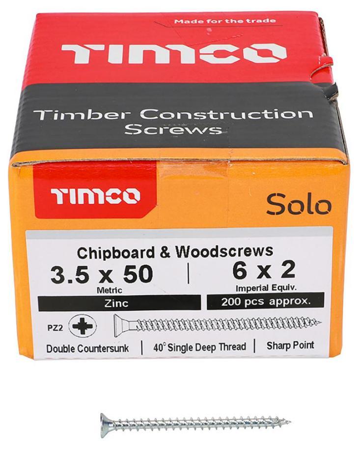 3.5mm x 50mm Pozidriv Double Countersunk ZP Solo Chipboard & Wood Screws, 200 Pack - 35050SOLOZ