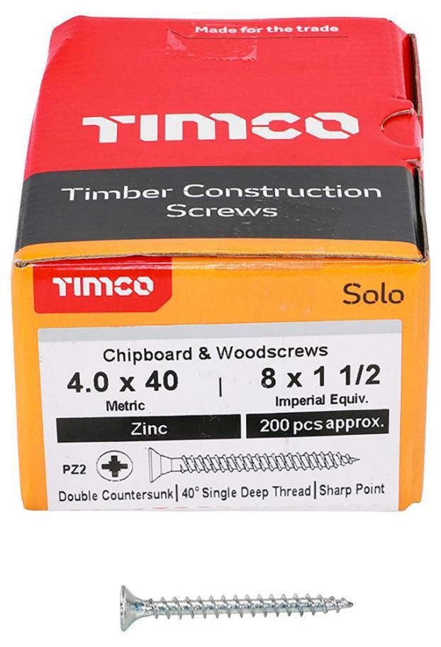 4mm x 40mm Pozidriv Double Countersunk ZP Solo Chipboard & Wood Screws, 200 Pack - 40040SOLOZ