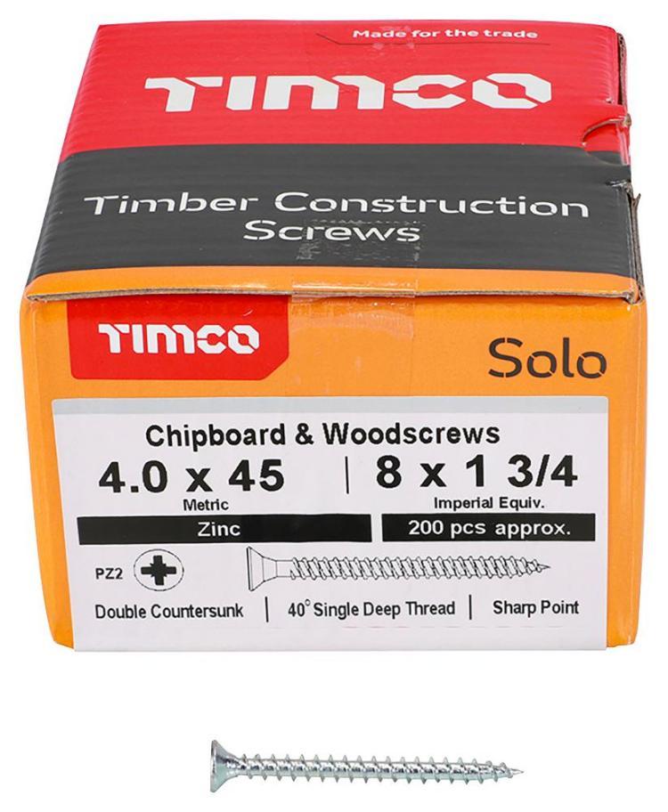 4mm x 45mm Pozidriv Double Countersunk ZP Solo Chipboard & Wood Screws, 200 Pack - 40045SOLOZ