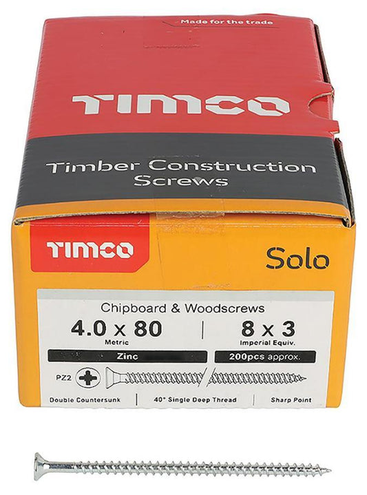 4mm x 80mm Pozidriv Double Countersunk ZP Solo Chipboard & Wood Screws, 200 Pack - 40080SOLOZ