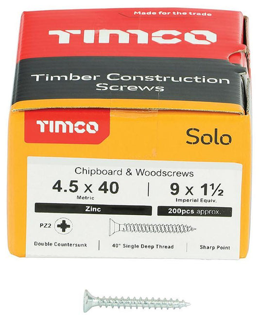 4.5mm x 40mm Pozidriv Double Countersunk ZP Solo Chipboard & Wood Screws, 200 Pack - 45040SOLOZ