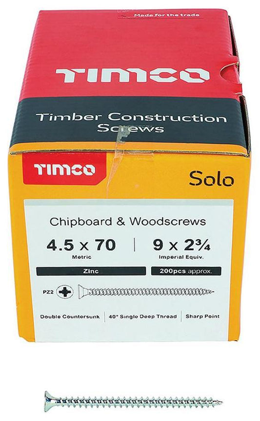 4.5mm x 70mm Pozidriv Double Countersunk ZP Solo Chipboard & Wood Screws, 200 Pack - 45070SOLOZ