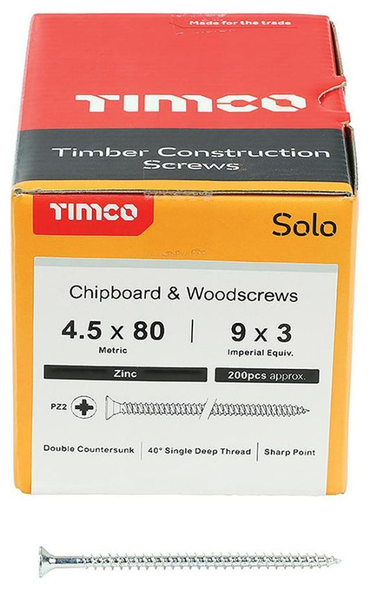 4.5mm x 80mm Pozidriv Double Countersunk ZP Solo Chipboard & Wood Screws, 200 Pack - 45080SOLOZ