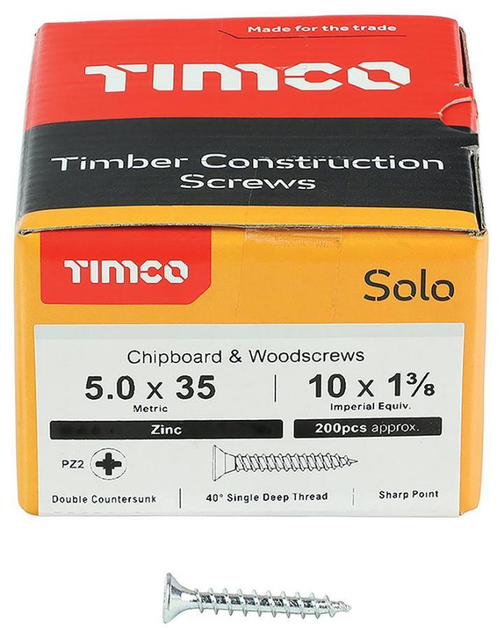 5mm x 35mm Pozidriv Double Countersunk ZP Solo Chipboard & Wood Screws, 200 Pack - 50035SOLOZ
