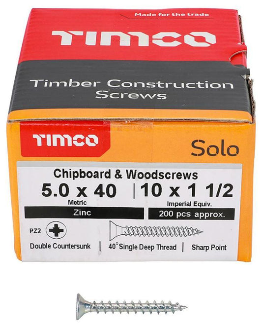 5mm x 40mm Pozidriv Double Countersunk ZP Solo Chipboard & Wood Screws, 200 Pack - 50040SOLOZ