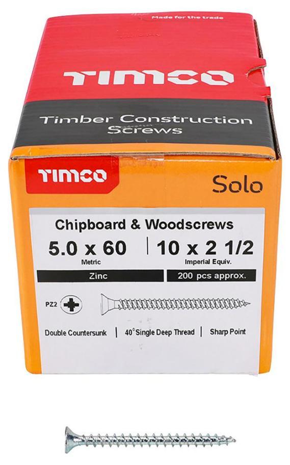 5mm x 60mm Pozidriv Double Countersunk ZP Solo Chipboard & Wood Screws, 200 Pack - 50060SOLOZ