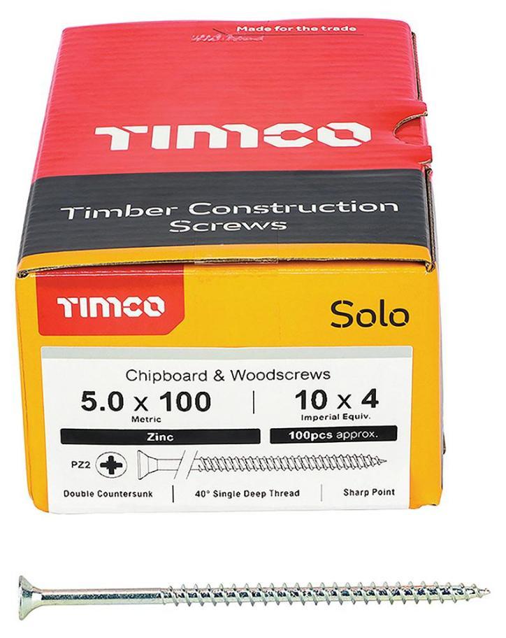 5mm x 100mm Pozidriv Double Countersunk ZP Solo Chipboard & Wood Screws, 100 Pack - 50100SOLOZ