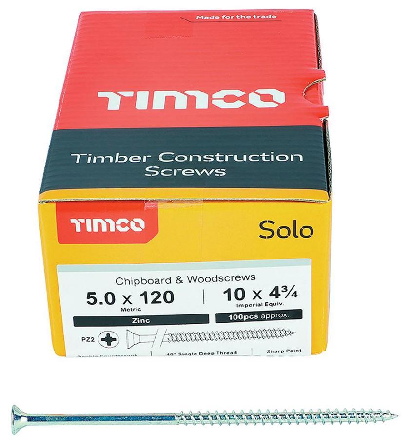 5mm x 120mm Pozidriv Double Countersunk ZP Solo Chipboard & Wood Screws, 100 Pack - 50120SOLOZ