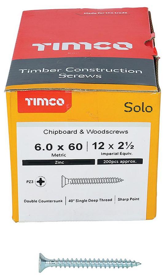 6mm x 60mm Pozidriv Double Countersunk ZP Solo Chipboard & Wood Screws, 200 Pack - 60060SOLOZ
