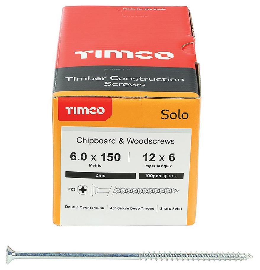 6mm x 150mm Pozidriv Double Countersunk ZP Solo Chipboard & Wood Screws, 100 Pack - 60150SOLOZ