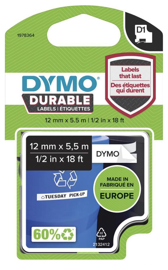 D1 Durable Label Tape - 12mm x 5.5m Black on White - 1978364