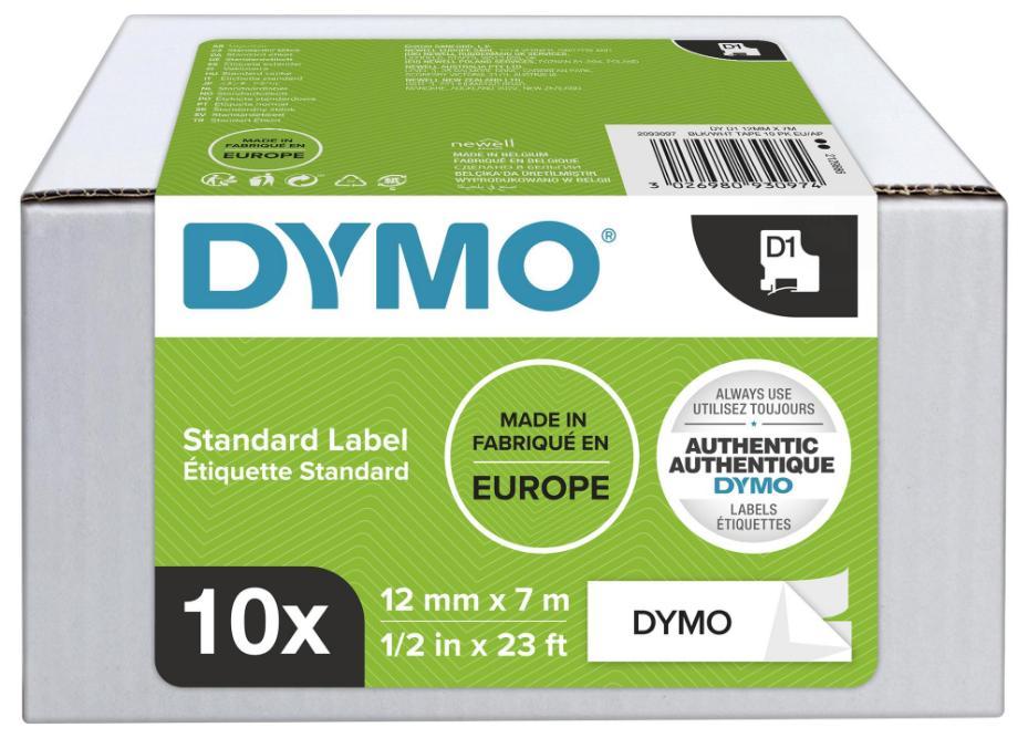 D1 Standard Label Tape - 12mm x 7m Black on White, Pack of 10 - 2093097
