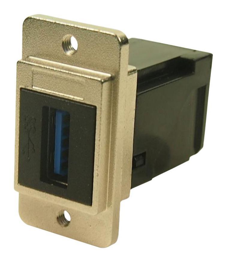 Dual Slim USB 3.0 Type A Socket to USB 3.0 Type A Right Angle Socket Feedthrough Connector, Nickel Frame, M3 Holes - CP30755M3