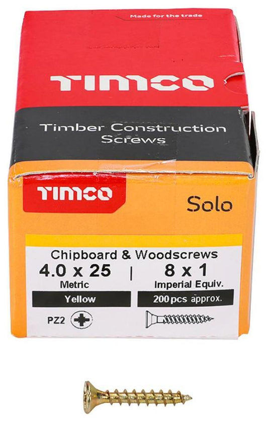 4mm x 25mm Pozidriv Double Countersunk ZYP Solo Chipboard & Wood Screws, 200 Pack - 40025SOLOC