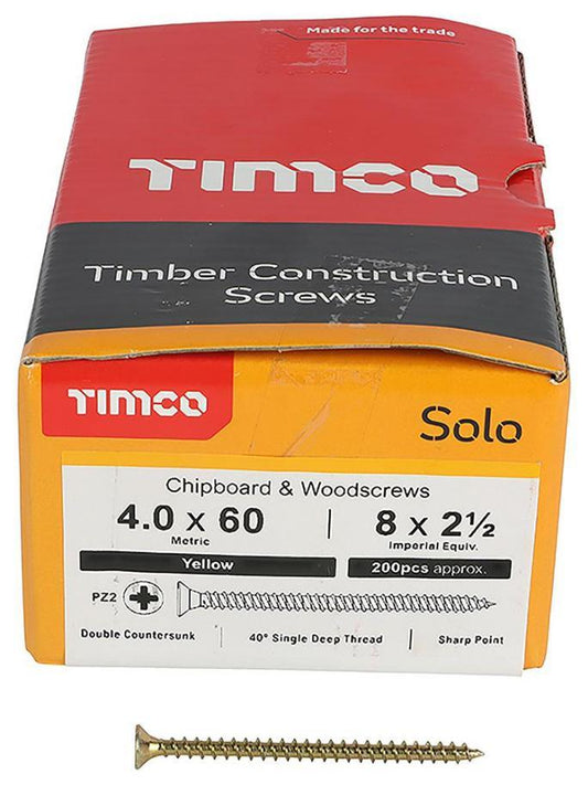 4mm x 60mm Pozidriv Double Countersunk ZYP Solo Chipboard & Wood Screws, 200 Pack - 40060SOLOC