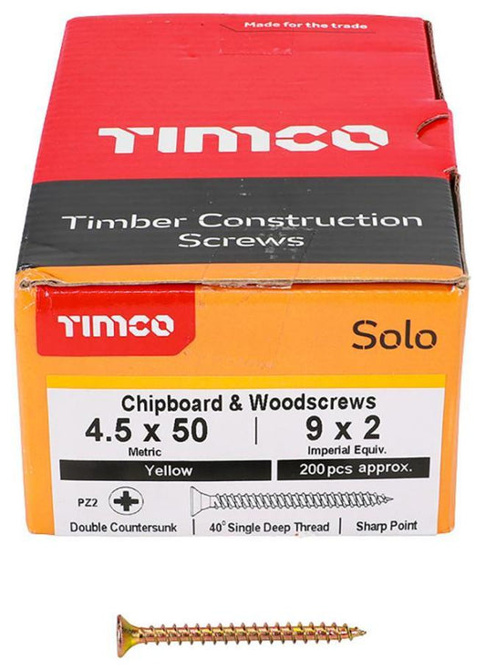 4.5mm x 50mm Pozidriv Double Countersunk ZYP Solo Chipboard & Wood Screws, 200 Pack - 45050SOLOC