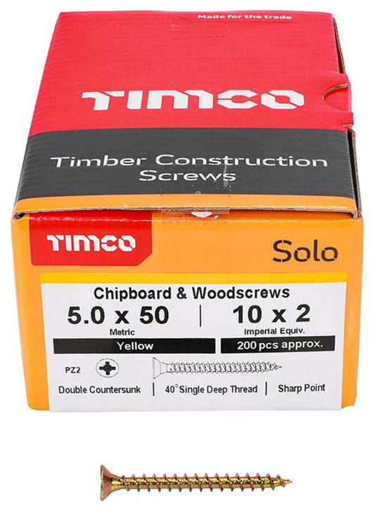 5mm x 50mm Pozidriv Double Countersunk ZYP Solo Chipboard & Wood Screws, 200 Pack - 50050SOLOC