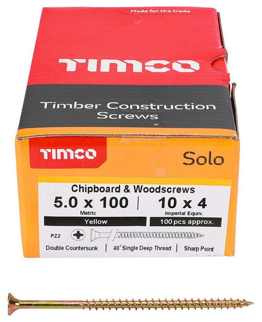 5mm x 100mm Pozidriv Double Countersunk ZYP Solo Chipboard & Wood Screws, 100 Pack - 50100SOLOC
