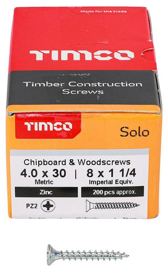 4mm x 30mm Pozidriv Double Countersunk ZP Solo Chipboard & Wood Screws, 200 Pack - 40030SOLOZ