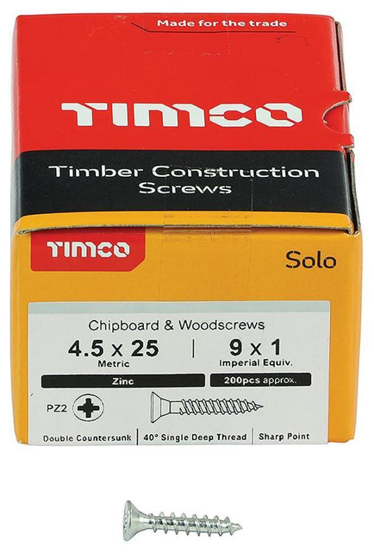 4.5mm x 25mm Pozidriv Double Countersunk ZP Solo Chipboard & Wood Screws, 200 Pack - 45025SOLOZ